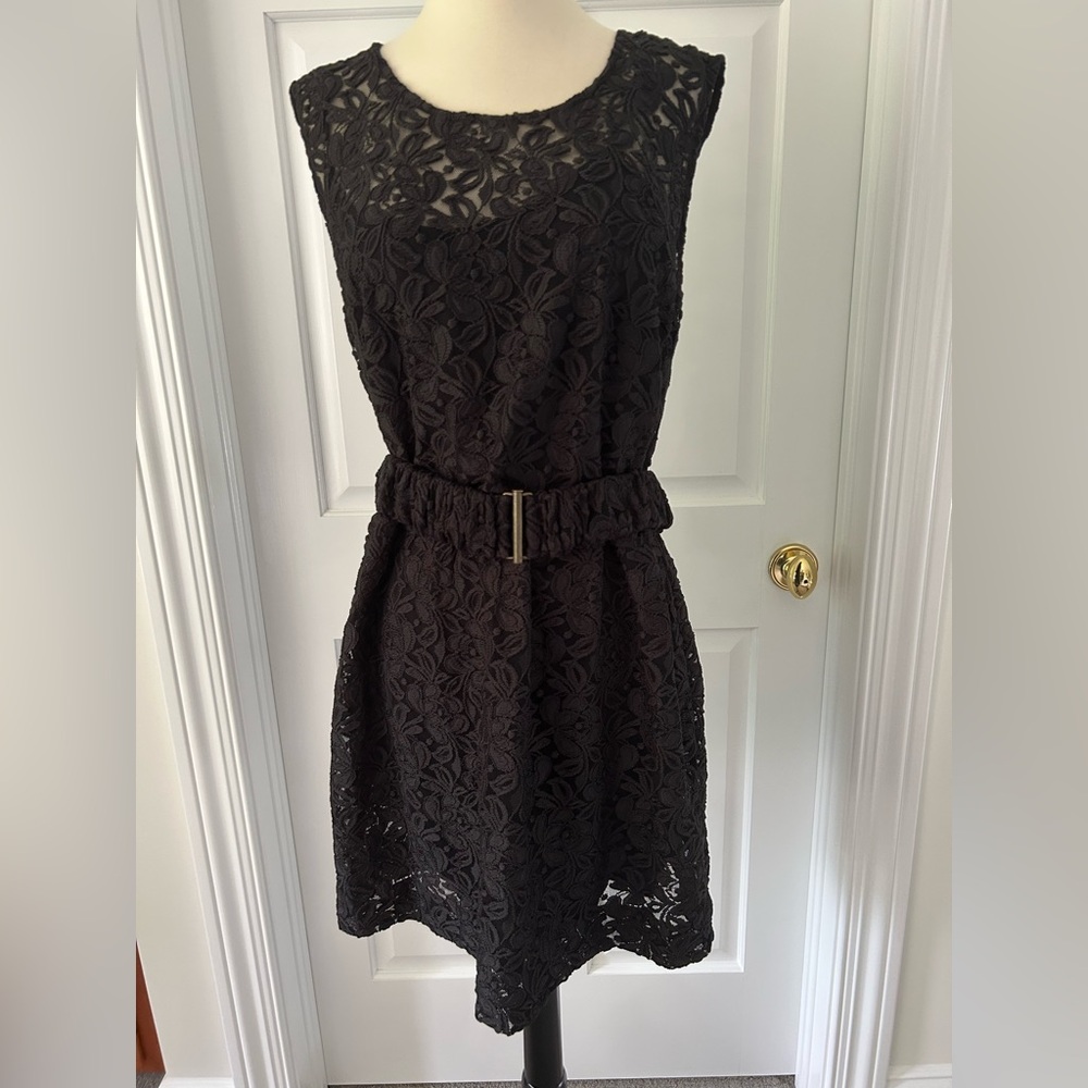 NWOT I Heart Ronson Black Lace Dress Sleeveless Belt Lining Juniors Large Y2K